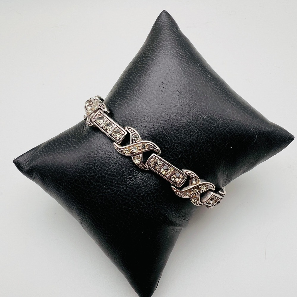Vintage Tennis Bracelet Clear Rhinestone Accents Silver Tone X Link Statement